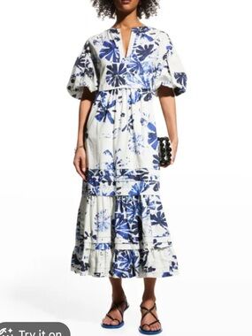 Marie Oliver White and Blue Tiered Maxi Dress Size